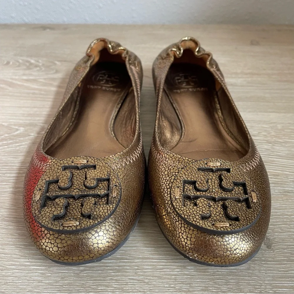 Tory Burch Reva Travel Ballet Flats Bronze Metallic Pebbled Leather Size 7
